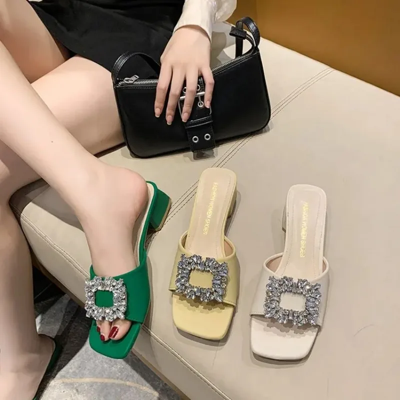 Women\'s Slippers Summer 2024 Rhinestones Mid Heel Elegant Sandals Fashion Outdoor Beach Shoes Slides Chanclas Mujer Playa