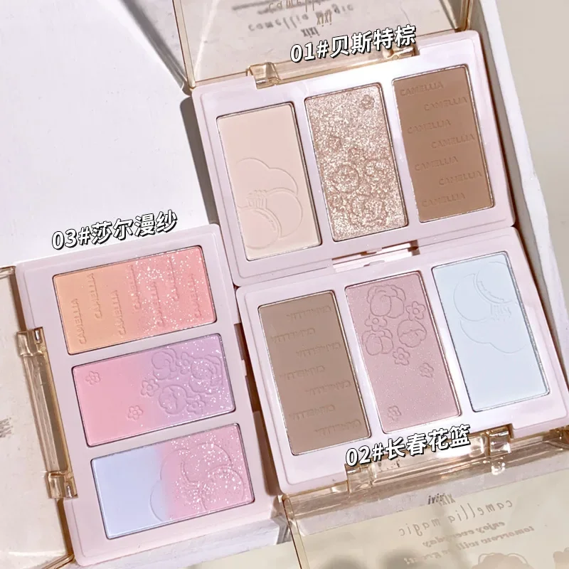 Xixi chá flor nai placa de pó de três cores, flash fino iluminando blush alto brilho placa integrada de aliciamento