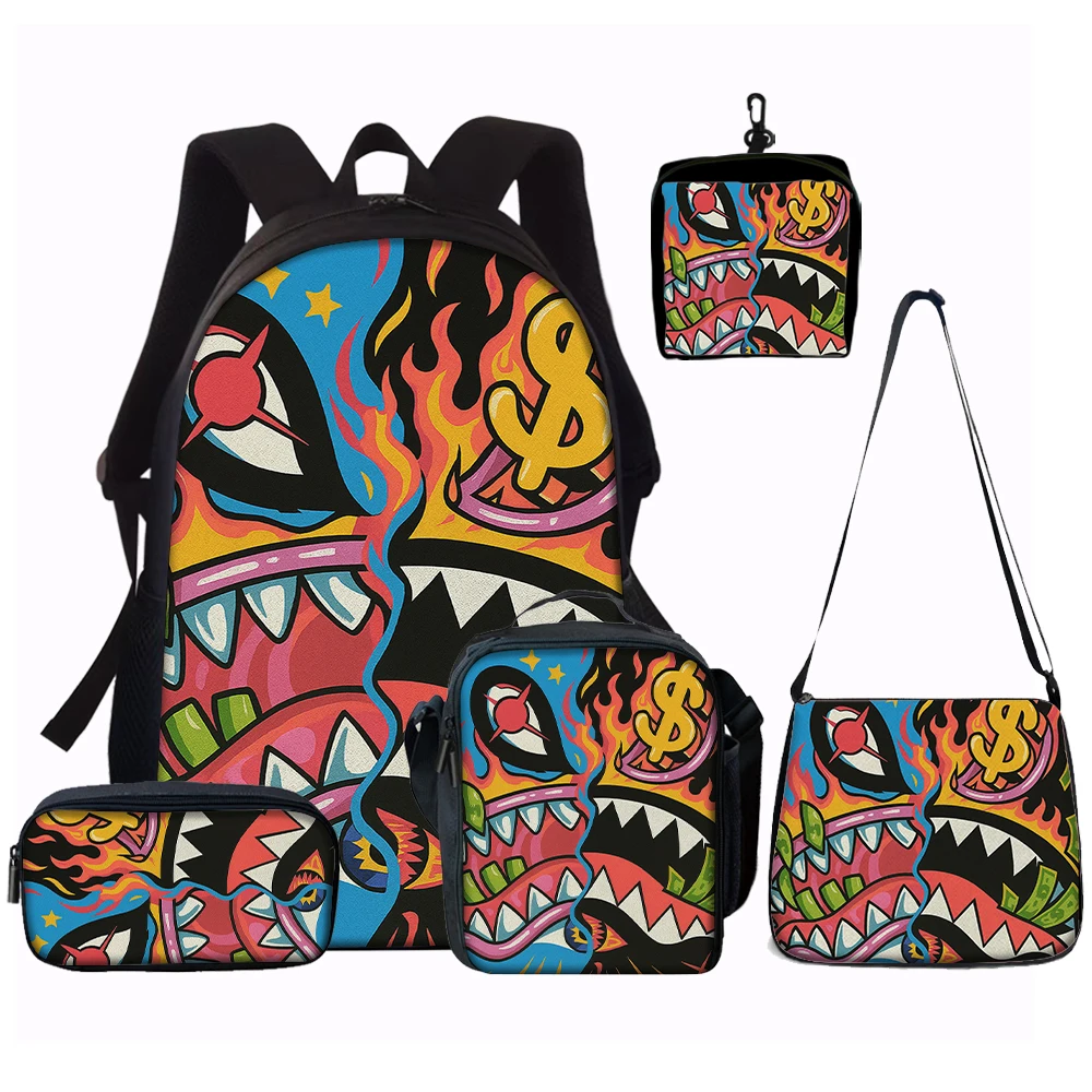 1/2/3/4/5PCS Trendy Shark Graphic Backpack Set | Perfect for School & Daily Adventures