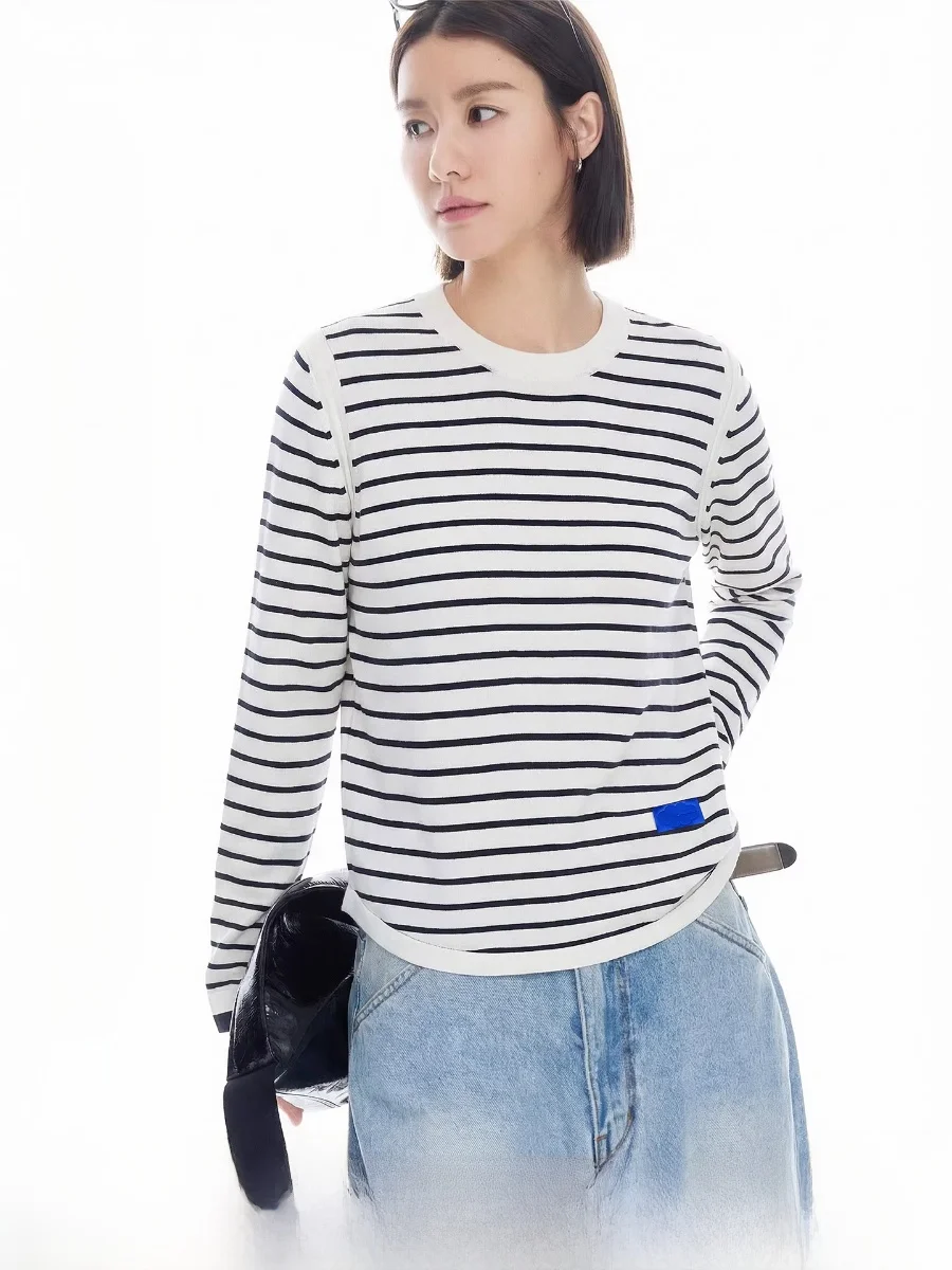 

Cloud Life Evening Breeze Striped Knitwear round Neck Mixed Wool Blend Women's Spring 2026 Casual Loose Fit Soft Knitted Top