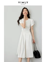 VIMLY Women's Commuter Elegnat Temperament Dress Summer Simple High-end  Hepburn Style D-Button Waistband White Dress