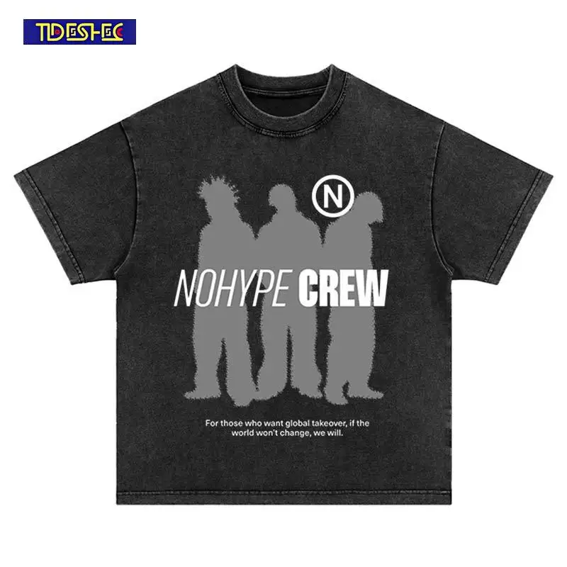 Hip Hop Streetwear 2026 Vintage Washed Three Shadows Print Short Sleeve Harajuku Cotton Punk Fashion Oversized Loose T-Shirt Top