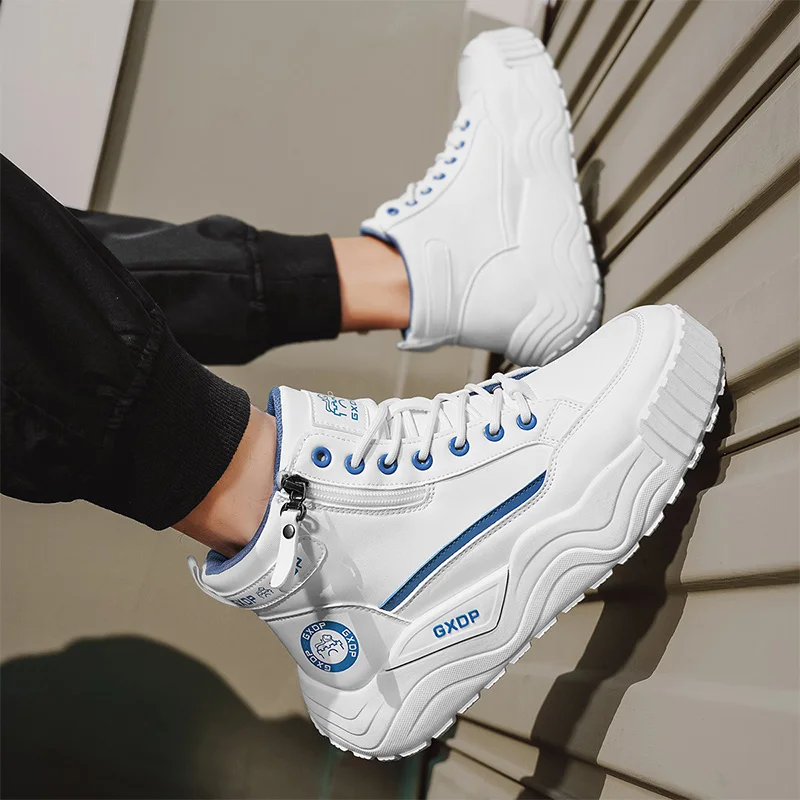 Men High Top White Leather Sneakers A/W 2026, Thick Sole Height Boost Non-slip Durable All-match Daily Casual Sports Shoes view 6
