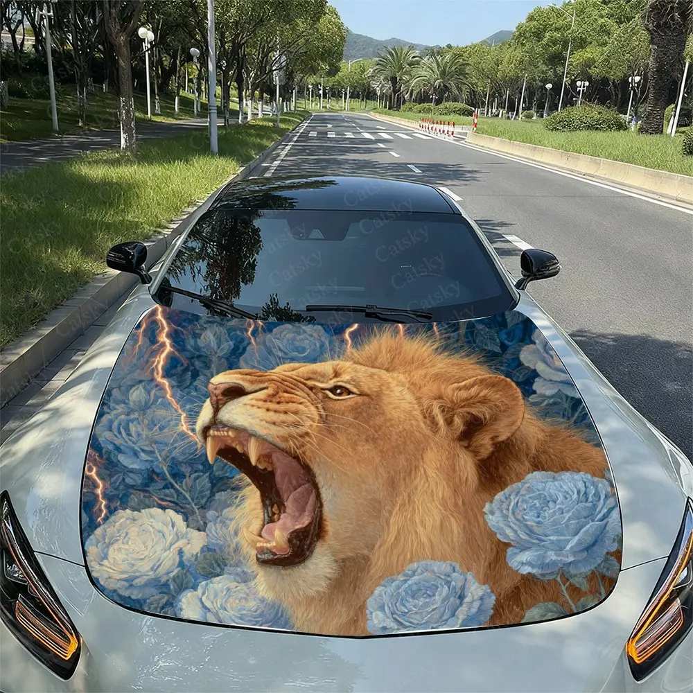 

Mighty Lion Blue Rose Lightning Design Car Hood Sticker, Drum Packaging, Stylish Design, Suitable For Most Vehicles, Hood Protec