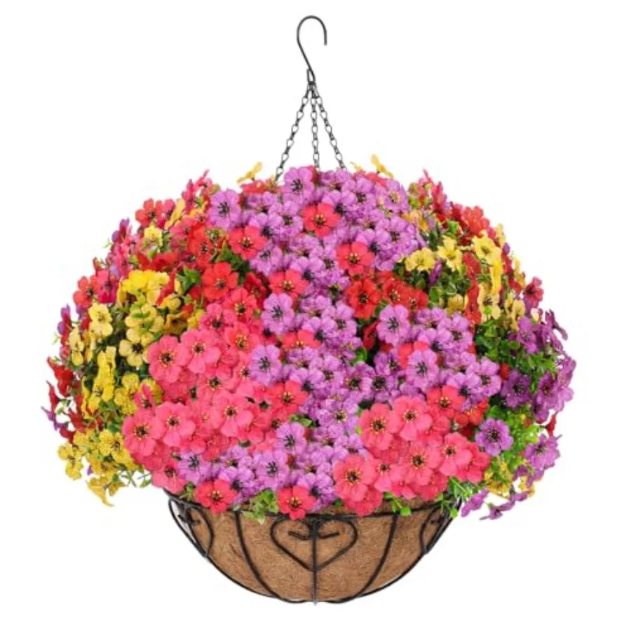 Flower for Outdoors Fake Basket for Outside, 1 Hanging Basket with 13 Pcs Faux Silk Flowers for Porch, Balcony and Patio Decor