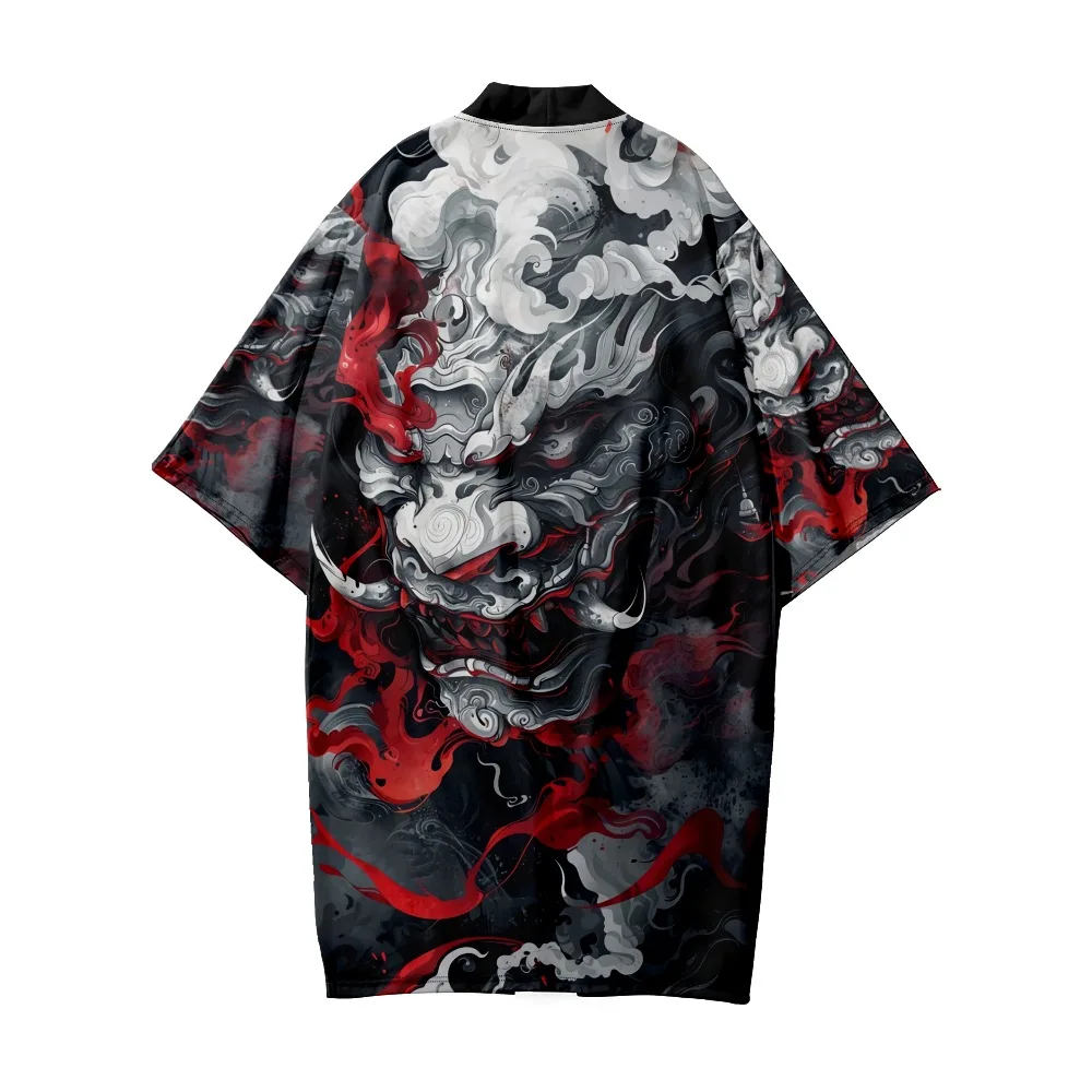 Japanese Streetwear Demon Print Fashion Long Cardigan Men Women Beach Kimono Summer Black Haori Yukata Harajuku Tops