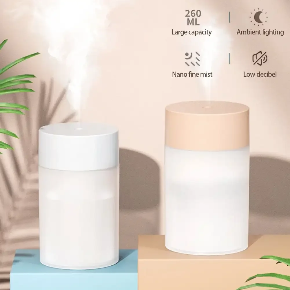 Mini humidificador de 260ML, humidificador de aire ultrasónico USB, lámpara LED, difusor de aceites esenciales, purificador de coche, generador de niebla de aniones aromáticos portátil