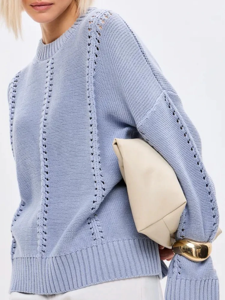 

Round Neck Jumper Fashion Trend Female Sweater Autumn Winter Hollow Out Pullover Sweater Solid Color Women Loose Knitwear Top