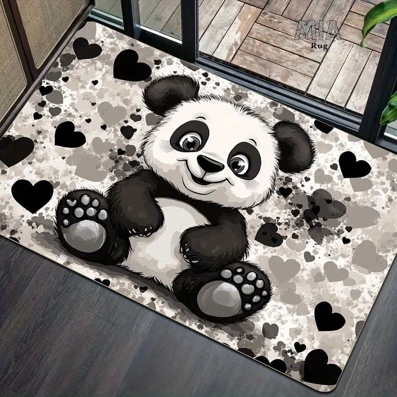Cute Panda Doormat, Cartoon Bear Entrance Rug, Black Heart Pattern Floor Mat, Soft Home Decor, Non-slip Bathroom Carpet