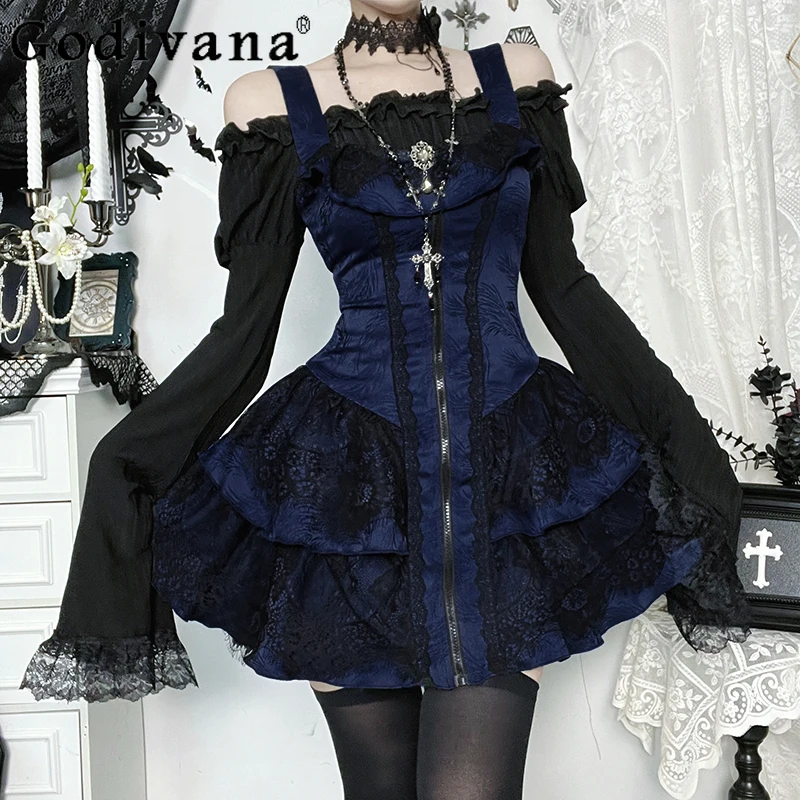 

Halloween Gothic Lolita Strap Dress and Shirt Set Women Vintage Puffy Short Princess Dress Suits Female Cosplay Costumes Sets