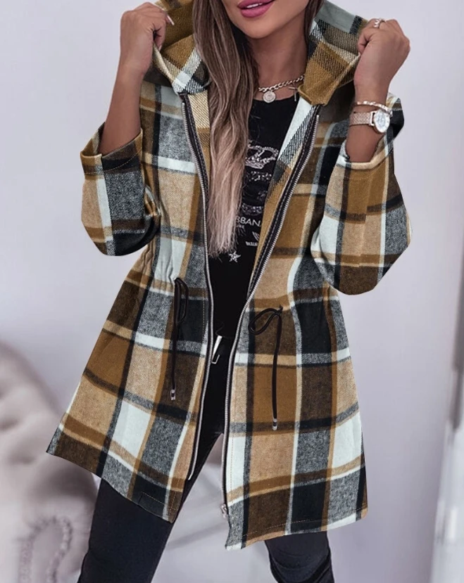 

Y2K Women's Winter Coat 2023 New Fashion Thickened and Warm Plaid Pattern Zipper Design Drawstring Hooded Coat Female Clothing