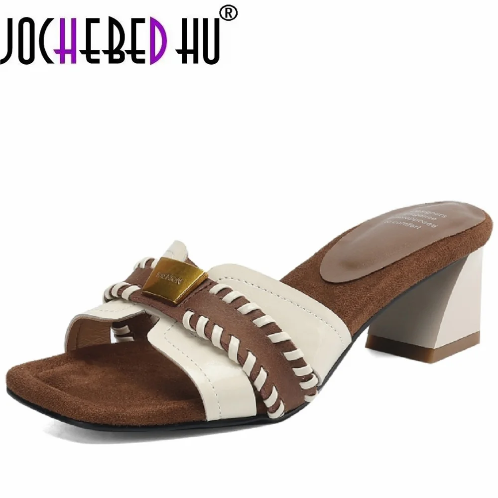JOCHEBED HUDesign Sense Spliced Color Handmade Genuine Leather Metal Buckle Outdoor Slippers Mid Heel Square Head Toeles 34-40
