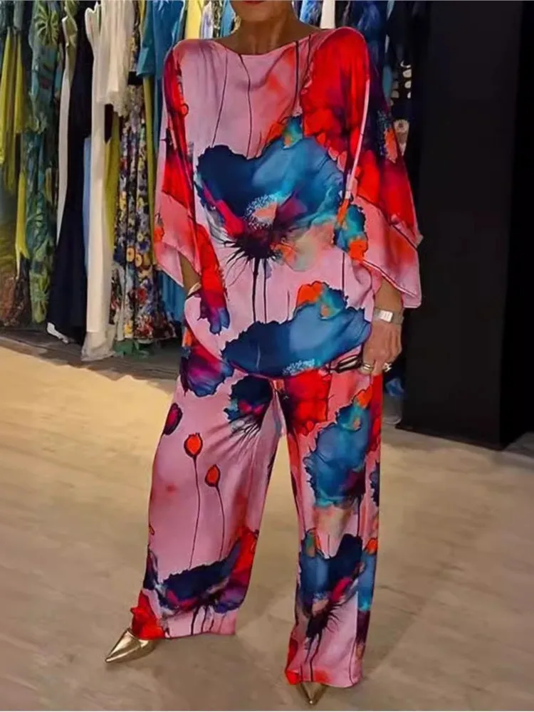 Summer Fashion Printed Satin Two Piece Set Women Sexy O-Neck 3/4 Sleeved Top + Wide Leg Long Pants Sets Casual Two Piece Suit