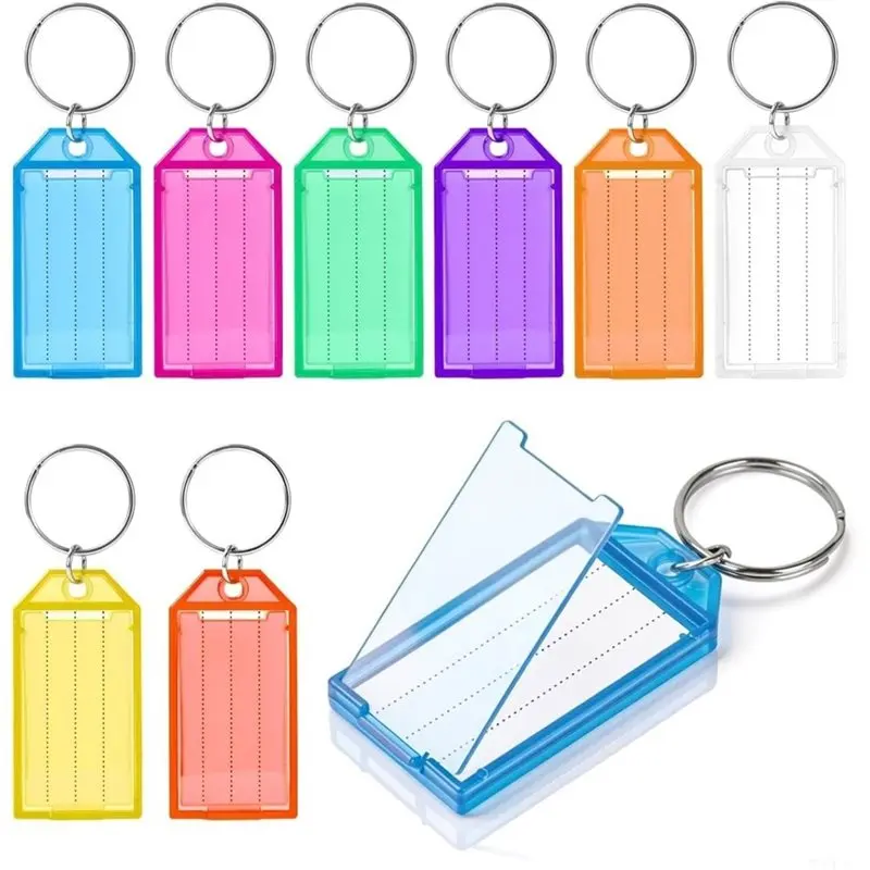 Split Ring Label Window 64 Pack Plastic Key Tags, 8 Colors With Blank Paper Labels And Clear Covers