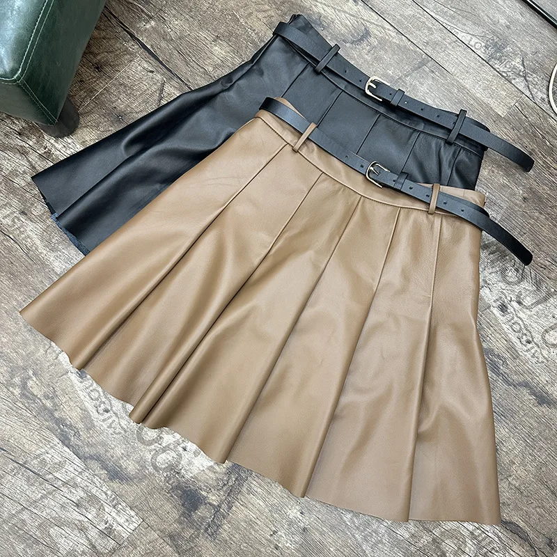 

Vintage Lambskin Pleated Skirt for Women 2024 Fall Winter New Real Leather Skirt High Street Female Soft Sheepskin Mini Skirts