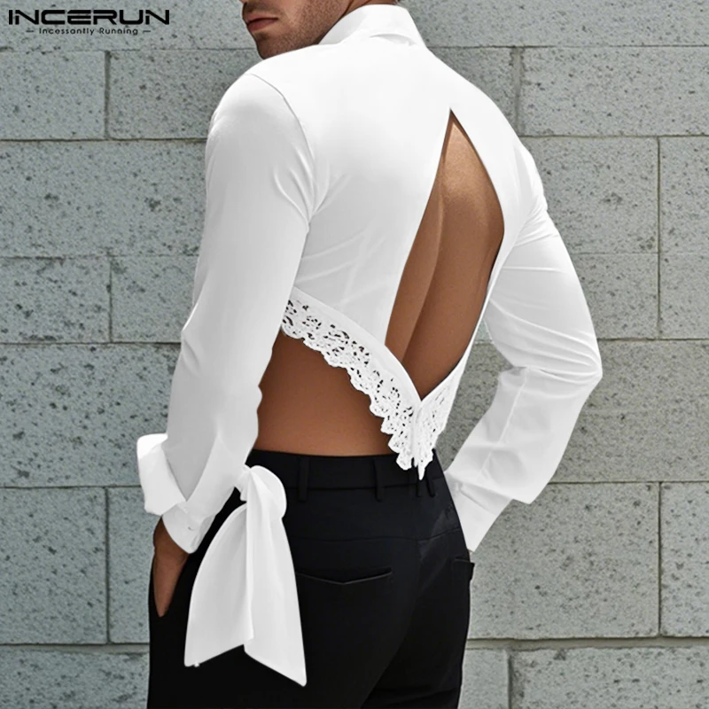 

INCERUN Tops 2025 American Style Fashion New Men's Back Sexy Hollow Shirt Male Casual Lace Patchwork Tie Bow Long Sleeved Blouse