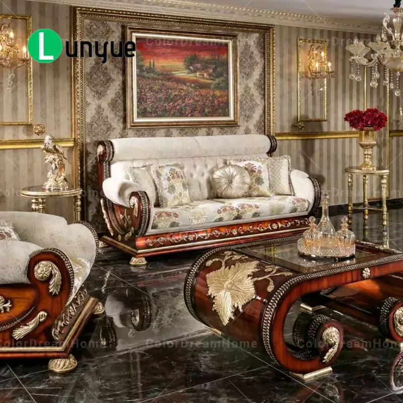 Luxury European Royal Style Solid Wood Carved Sofa Set For Living Room Turkish Furniture Hard Carving Elegant Home Decor