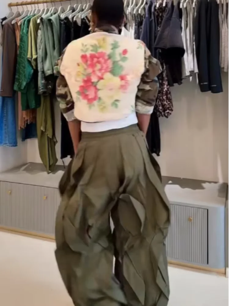 فضفاض Ruched كشكش فانوس السراويل النساء مرونة الخصر الرباط الصلبة السراويل الإناث سيدة جديدة الدانتيل يصل بانت الشارع 2025 الخريف