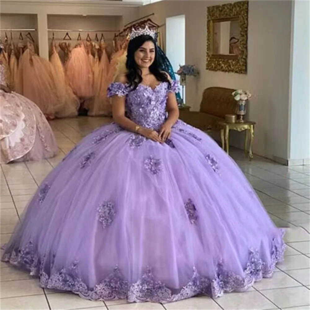 Vestidos de lavanda para quinceañera, vestidos elegantes de tul esponjoso con hombros descubiertos para fiesta de cumpleaños de 15 