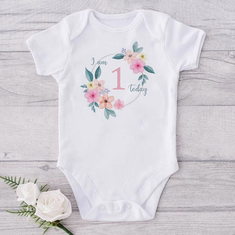 My 1st Birthday Newborn Baby Summer Romper Cute Wreath Elephant Print Toddler Jumpsuits Birthday Party Outfit Boy Girl Clothes