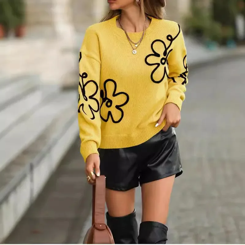 

Winter Streetwear Women Sweaters Floral Knit Thick Splice Pullovers Sweater Full Sleeve Regular Vintage Elegant Lady Casual