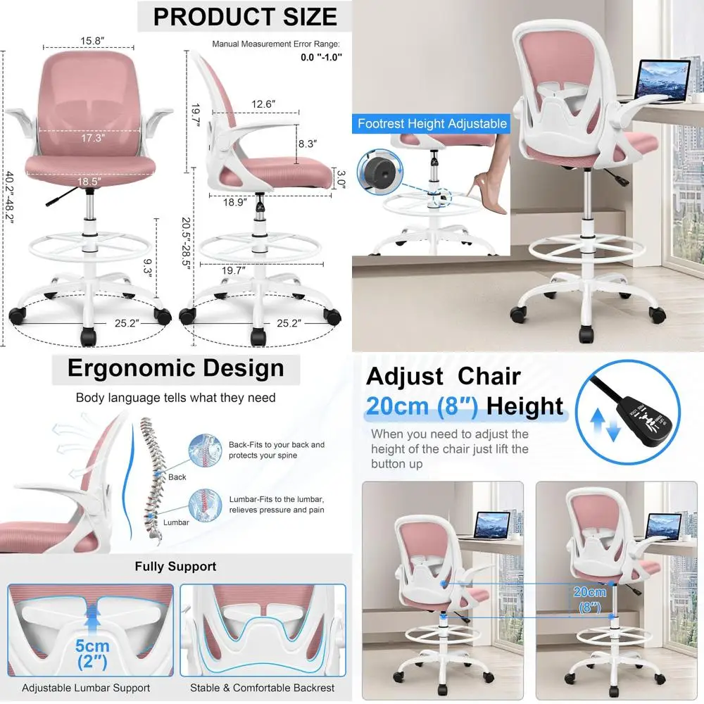 

Эргономичное высокое офисное кресло с регулируемыми подлокотниками, поясничной опорой и кольцевой подставкой для ног цвета розового кварца