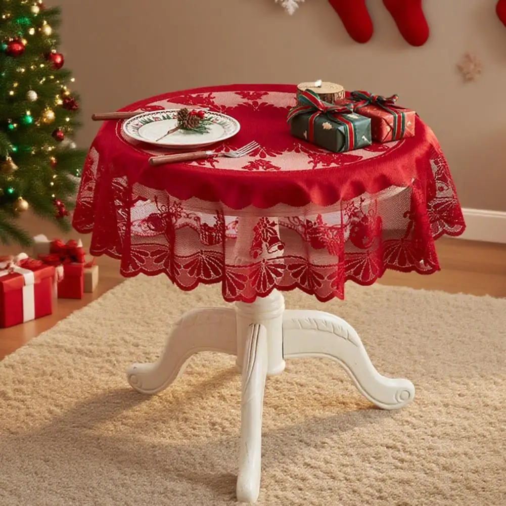 Christmas Tablecloth Red Lace Santa Claus Tablecloth Wrinkle Resistant Xmas Round Table Cover for Dinner Party Home Decoration