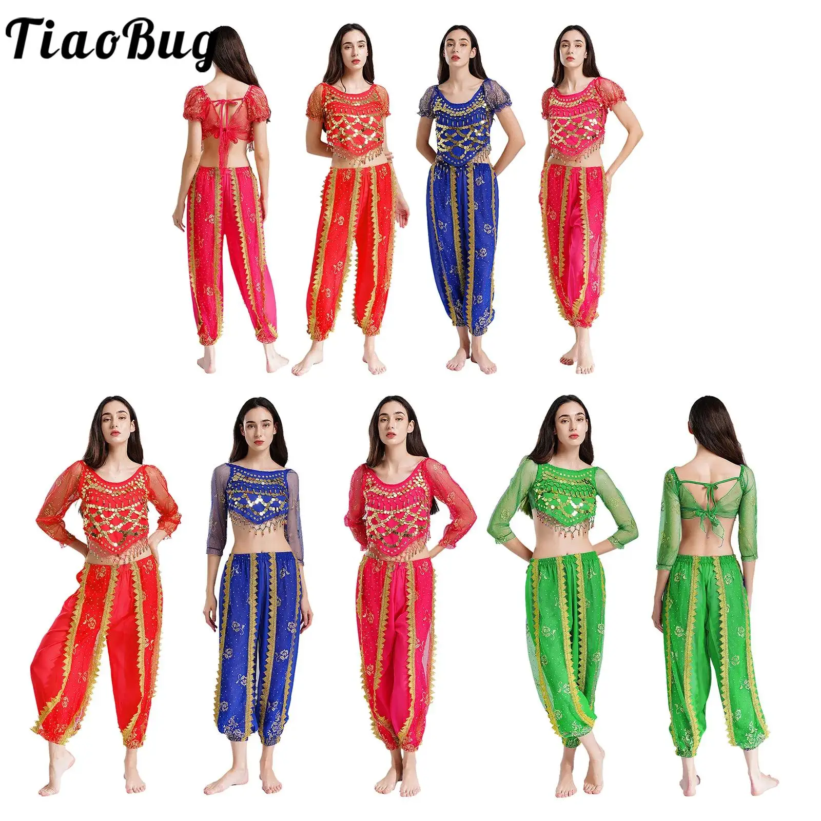 

Women Belly Dance Costume Princess Outfit Shiny Sequins Belly Dance Outfit Puff Sleeve Lace-up Crop Top Bloomers Pants Dancewear