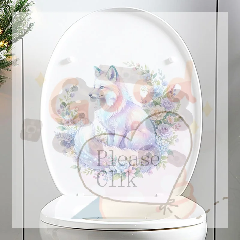 【HG】Gradient Iridescent Arctic Fox Bouquet Toilet Seat Sticker Bathroom Floor Decal Waterproof Anti Slip Removable Bathtub Deco
