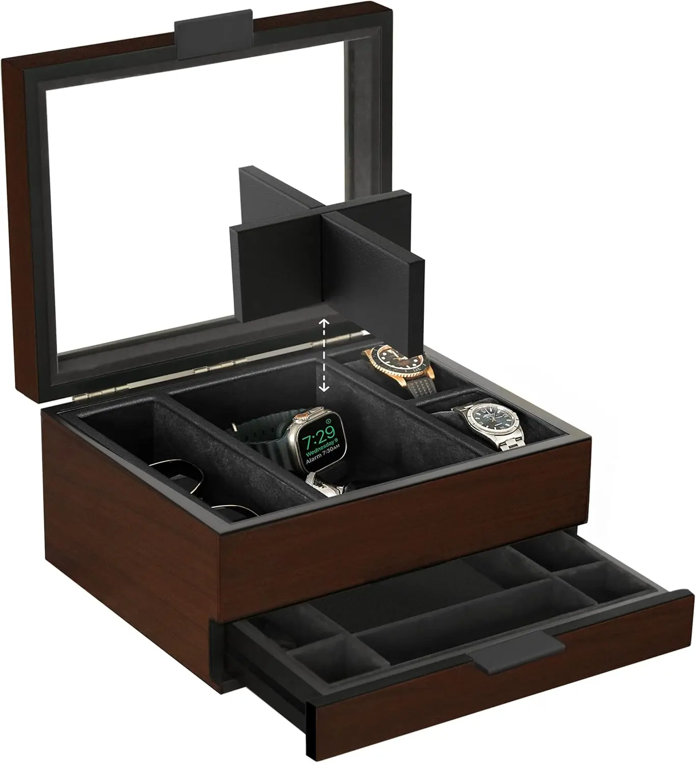 8 Slot Cherry Wood Watch Box with Modular Tray, Compatible Apple Watch Stand, Organizer for Men