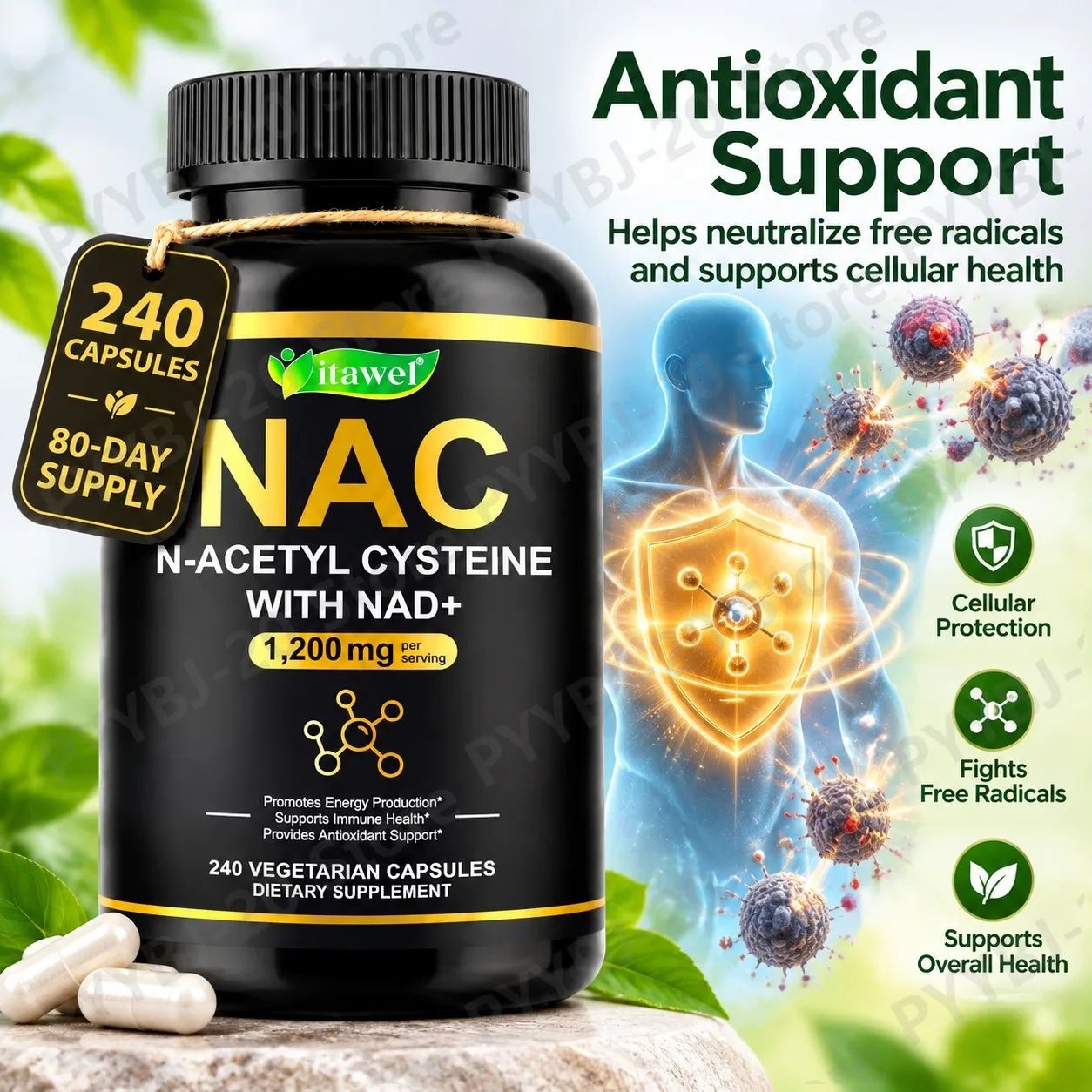 Itawel NAC + NAD+ Capsules Antioxidant Support Immune Health Fatigue Resistance Energy Production 1200mg Vegan Formula 240ct