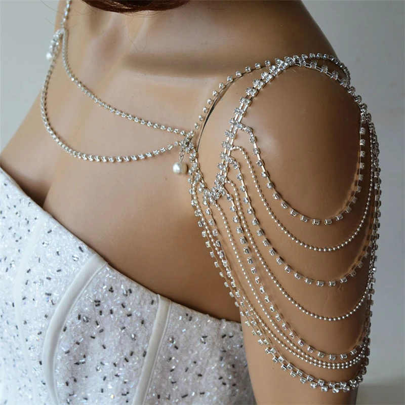 Boho Bridal Multilayer Rhinestone Shawl Chain Ladies Style Fashion Super Sparkling Crystal Tassel Pearl Pendant Shoulder Chain