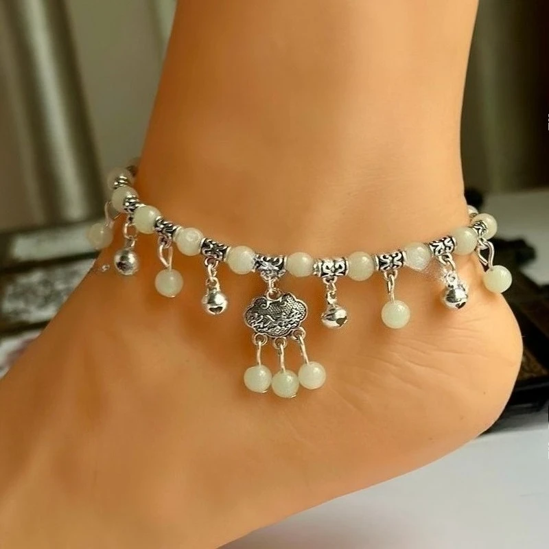 Traditional Ankle Bells Silver Dance Foot Jewelry Glowing Stone Longevity Lock Red Braided Anklet Ethnic Style Folk Accessory