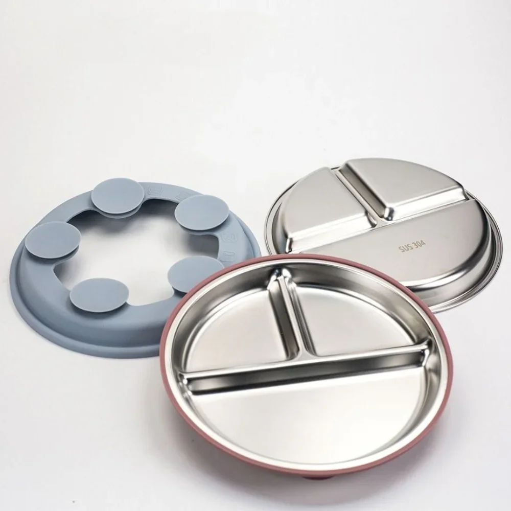 

Silicone Suction Cup Baby Sucker Dining Plate 304 Stainless Steel Non-Slip 3 Grids Children Dishes Divided Design Anti-fall