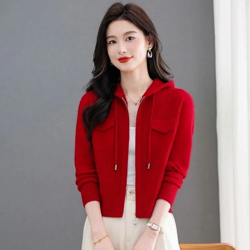 

Модный вязаный женский кардиган с капюшоном, пальто на осень и зиму, новый женский свитер на молнии, женское модное короткое пальто, топ