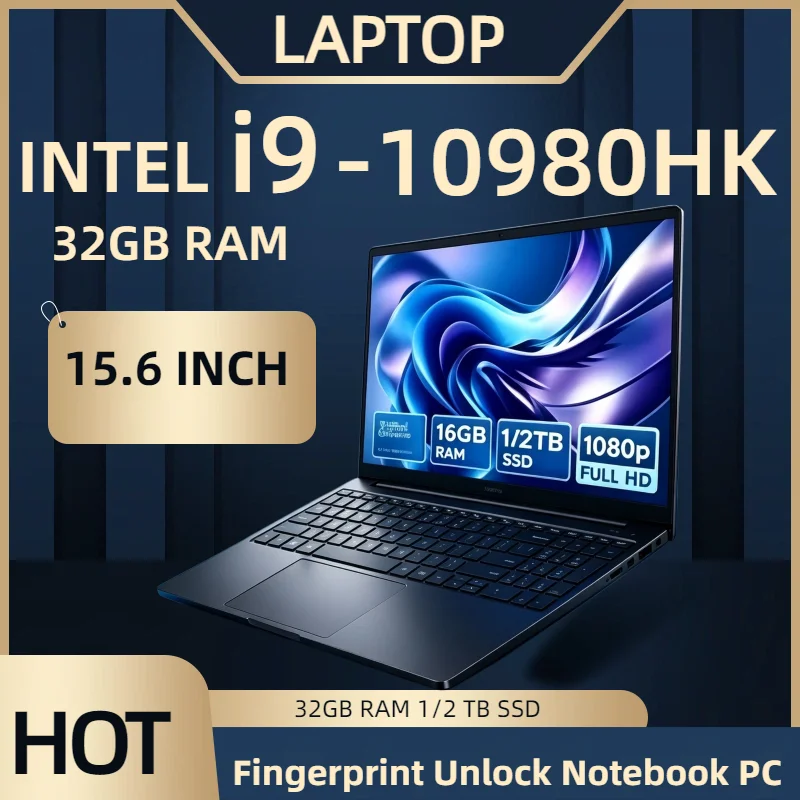Portable Business Black Intel Core i9-10980HK 15.6Inch Gaming Laptop Computer PC Gamer 32GB RAM Fingerprint Unlock Notebook PC