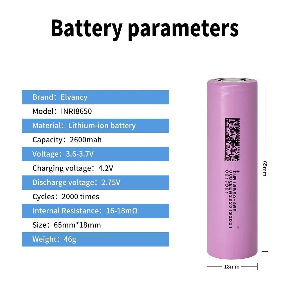 PURFIELD 18650 2600mAh 3.7V Battery 20A Discharge Lithium Ion Rechargeable Battery for Counter Lamp Flashlight 18650 Batteries