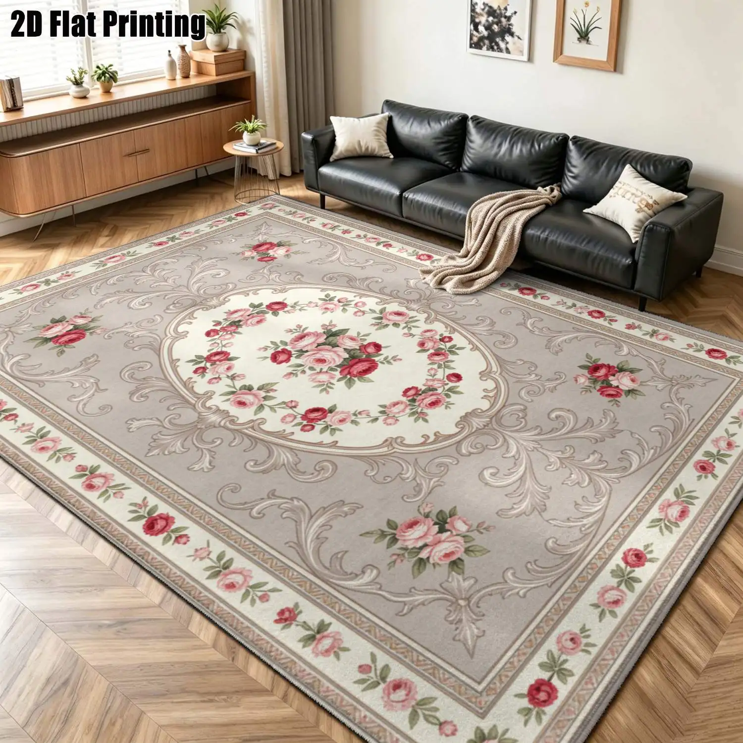 1Pc 2D Printed Carpet: Pink & Brown Rose Floral, European Retro Decor Mat, Machine Washable, Multi-Size for Multi-Scene Use