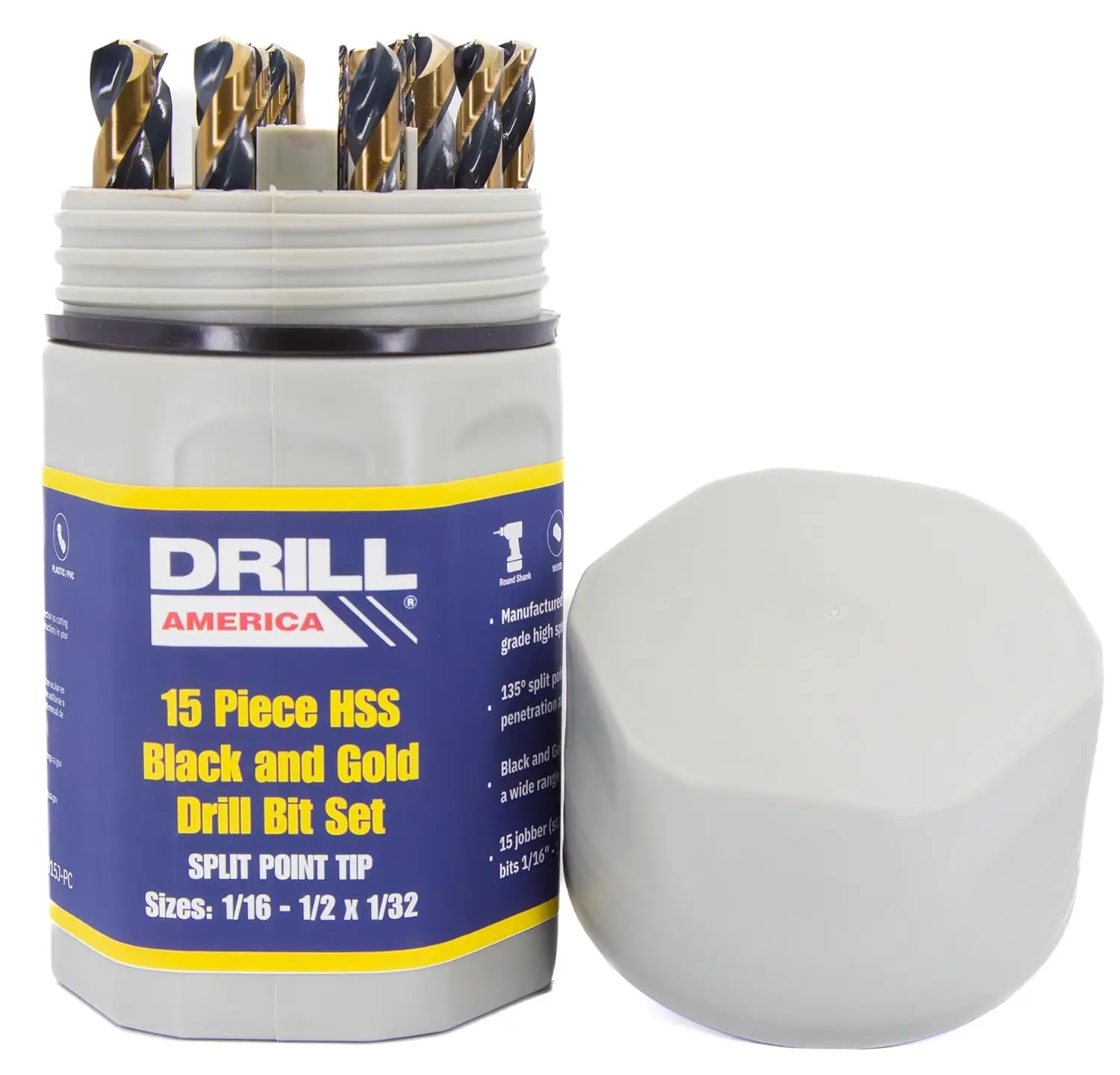 

15-Piece Heavy Duty High Speed Steel Drill Bit Set with Black & Gold Finish in Round Case (1/16" - 1/2")