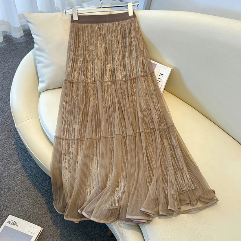 

Винтажная женская юбка А-силуэта из сетки цвета хаки, модная свободная юбка миди абрикосового цвета, женская летняя повседневная юбка с завышенной талией, 2026