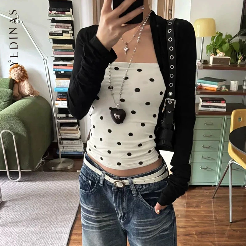 Yedinas Patchwork Dot Fake Two Piece Tops Long Sleeve Women's T-shirt Autumn Tops Korean Fashion Tees Female Clothing Chic Shirt