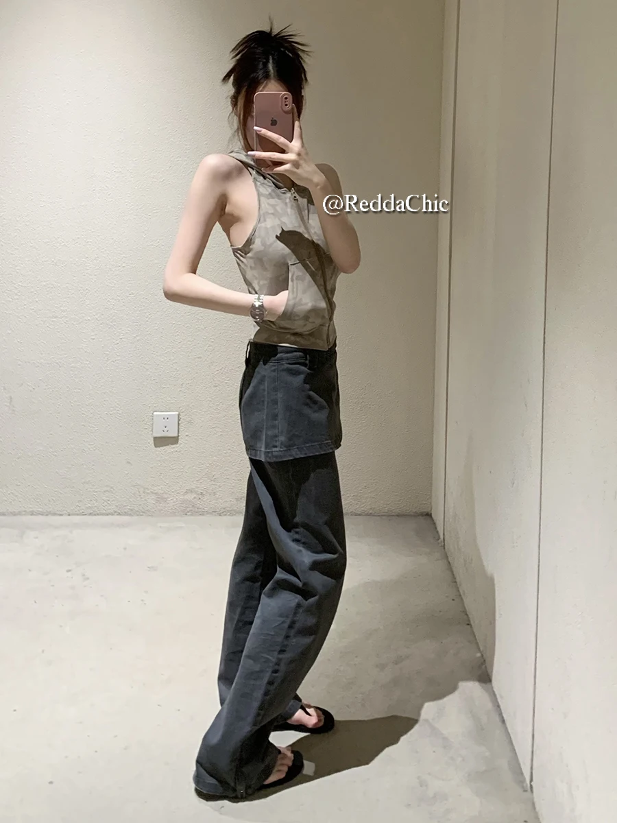 ReddaChic Grayu Women Skirt Overlay Baggy Jeans Plain Gray Zipper Split High Waist Straight Wide Leg Pants Y2k Vintage Clothes