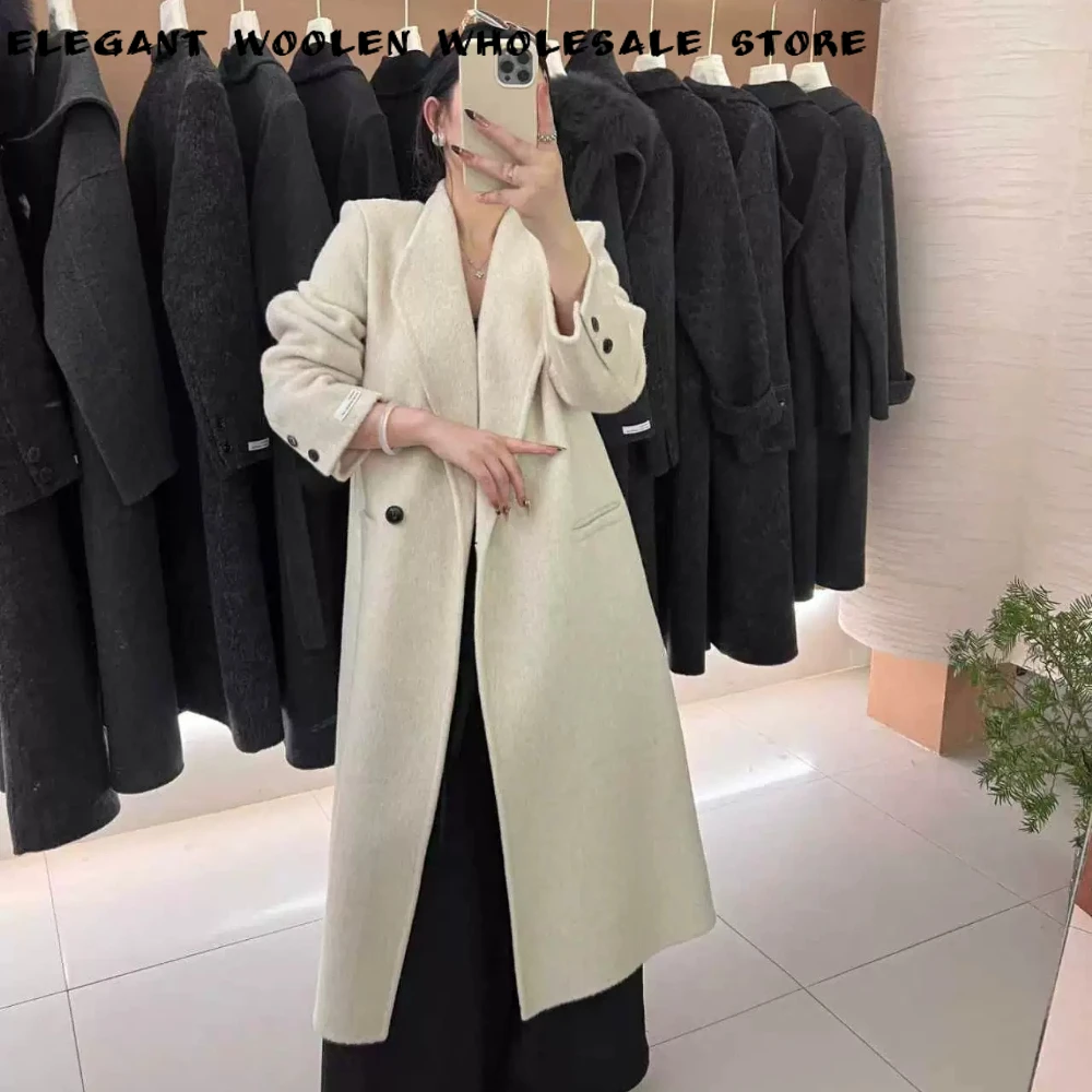 Wool Coat for Woman with Lapel Collar Long Relaxed Heavyweight Wool Jacket Women's Old Money Style Wool Coat Warm for Daily Wear