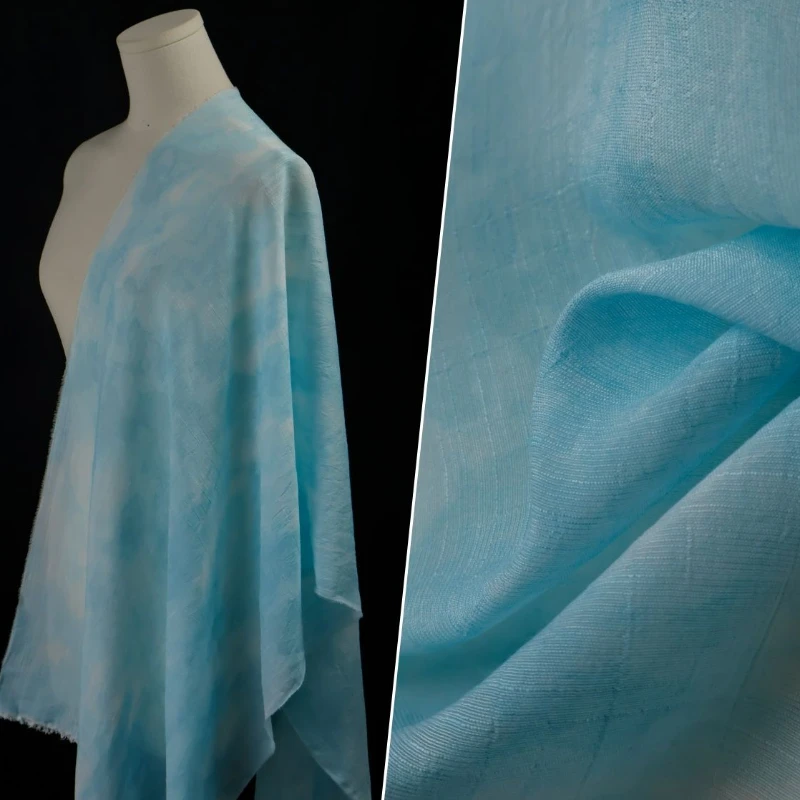 Colgante fino semitransparente azul claro y blanco corbata teñida tela con nudo de bambú vestido Hanfu tela hecha a mano