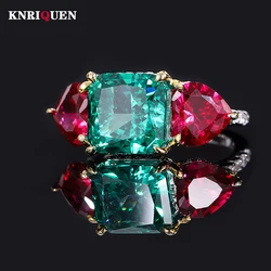 Retro 100% 925 Sterling Silver 10*10mm Green Tourmaline Ruby Lab Diamond Rings for Women Gemstone Wedding Party Fine Jewel Gift