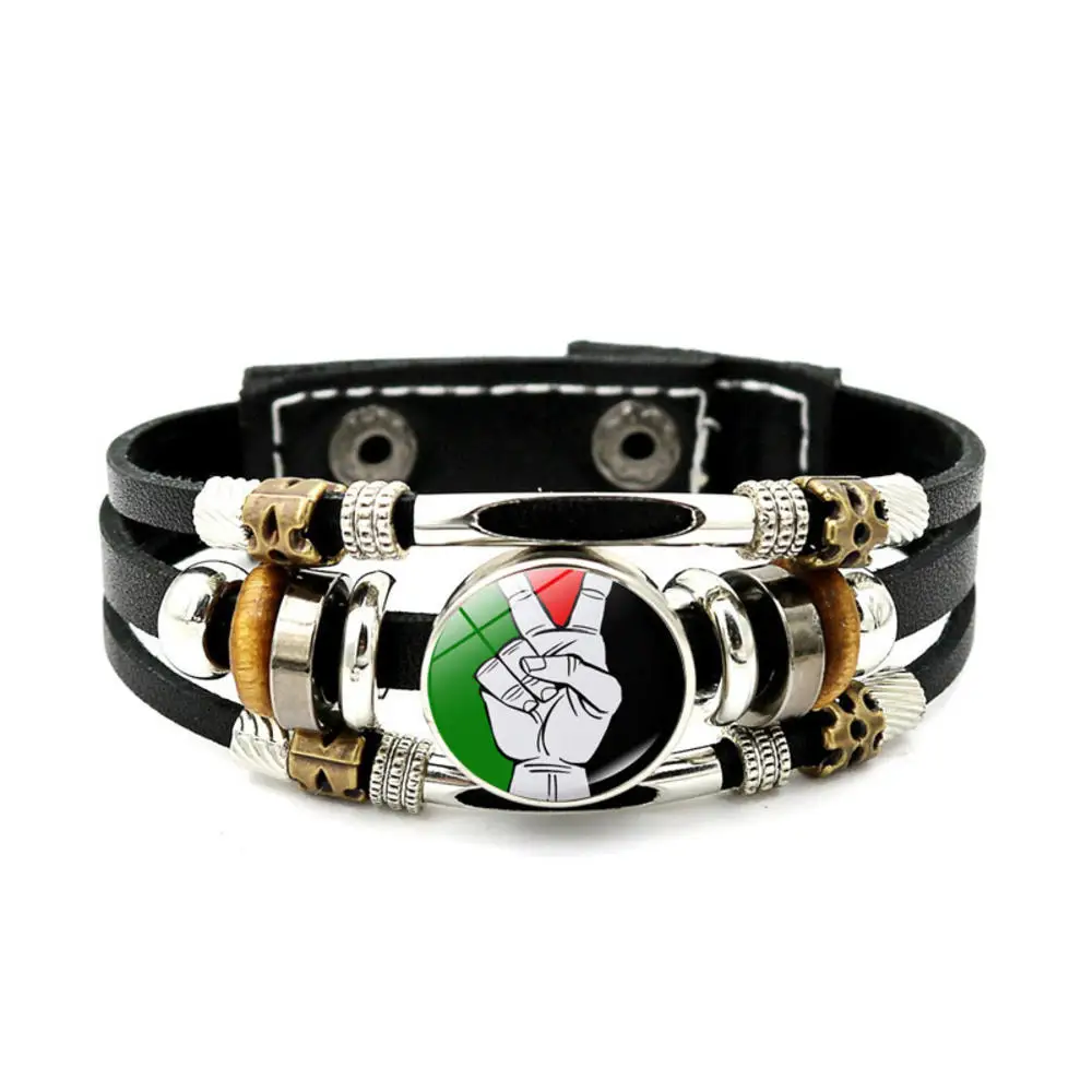 Men Gothic Bracelet Charm Handmade Nation Flag Symbol Pattern Glass Beads Leather Bracelets & Bangles Jewelry Gift