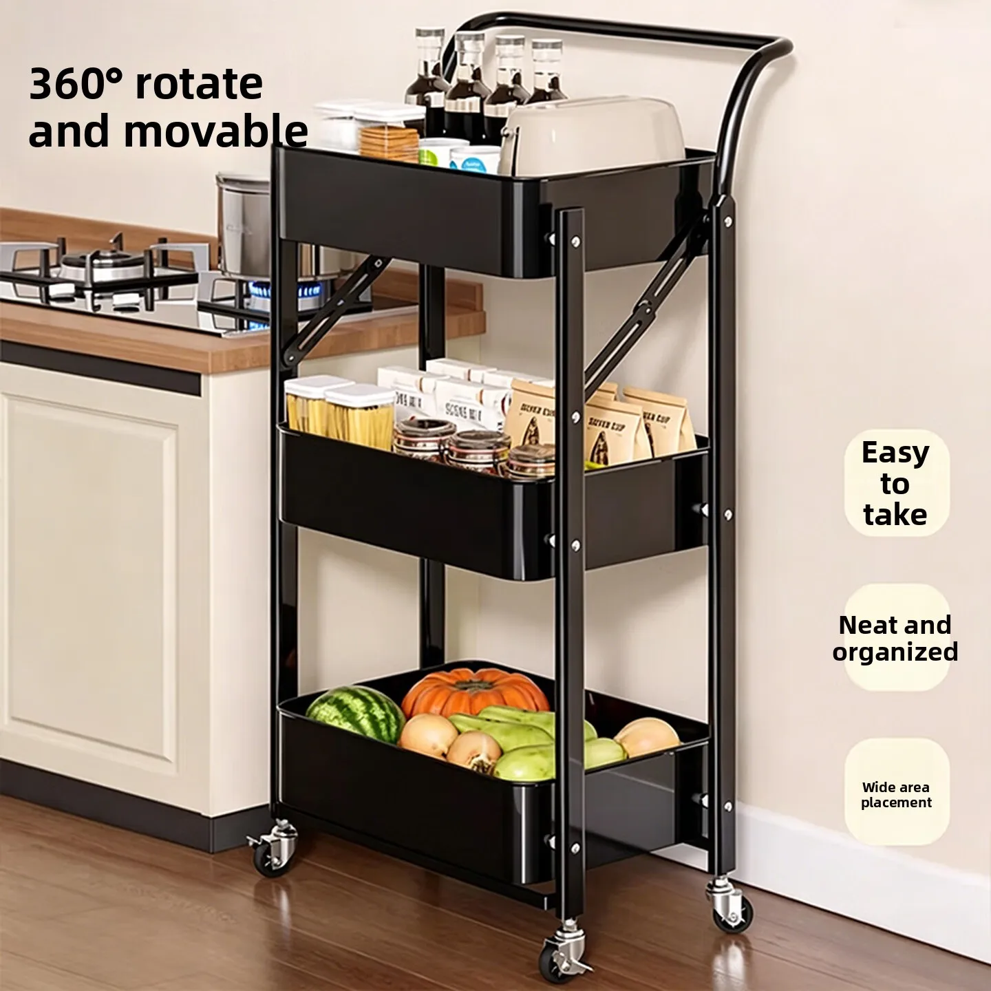 3-Tier Rolling Storage Cart, Black Utility Trolley with Push Handle, Reinforced Structure and Openwork Shelves for Snacks
