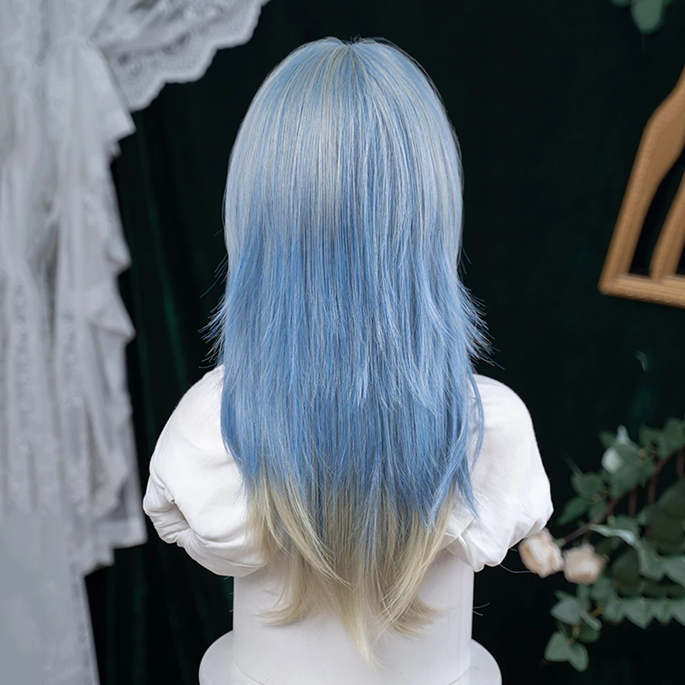 合成ミディアムレングスストレートハイレイヤードウィッグ、前髪付きブルーハイライトブロンドヘアウィッグ、女性用デイリーコスプレウィッグ