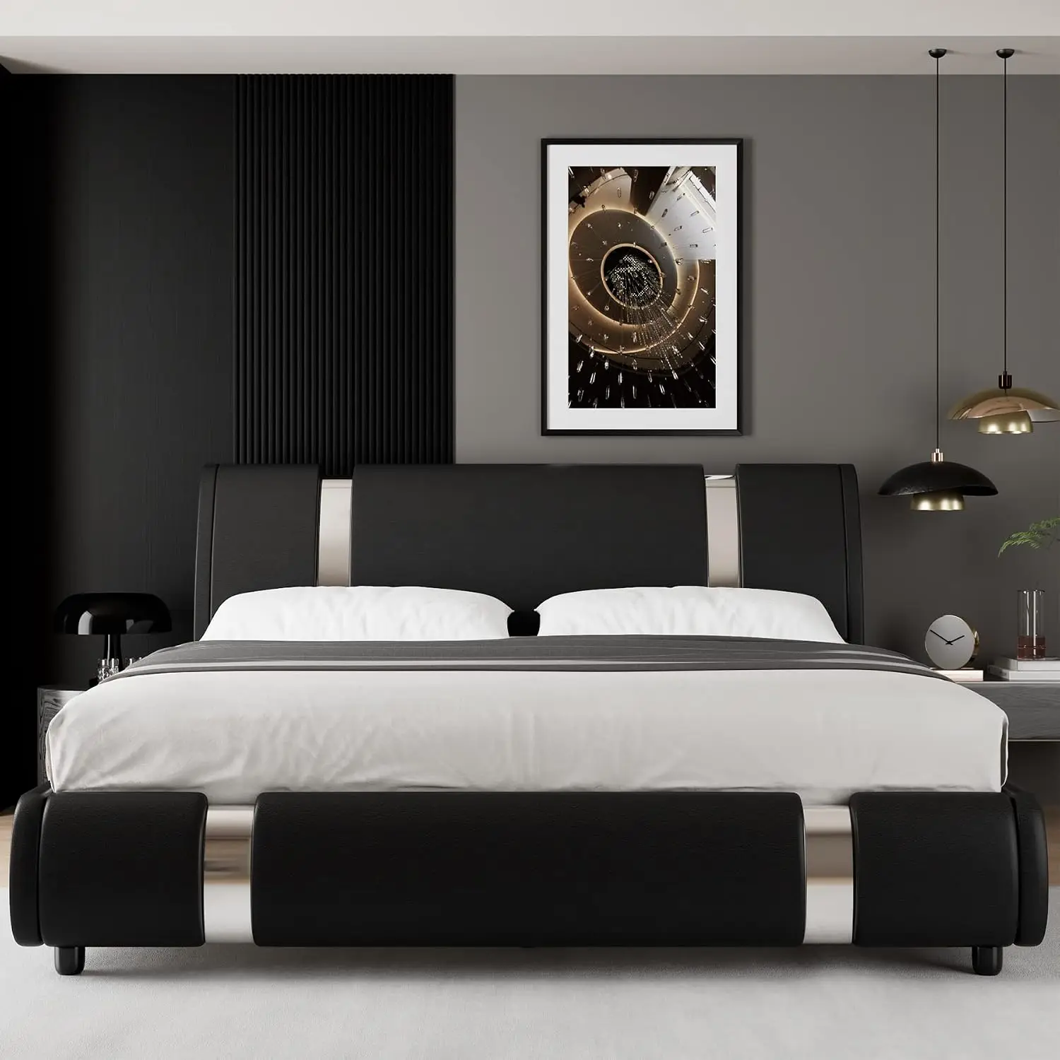 Modern Faux Leather Platform Bed Frame with Iron Decor & Adjustable Headboard, Wooden Slats, No Box Spring, Queen, Customized image 3