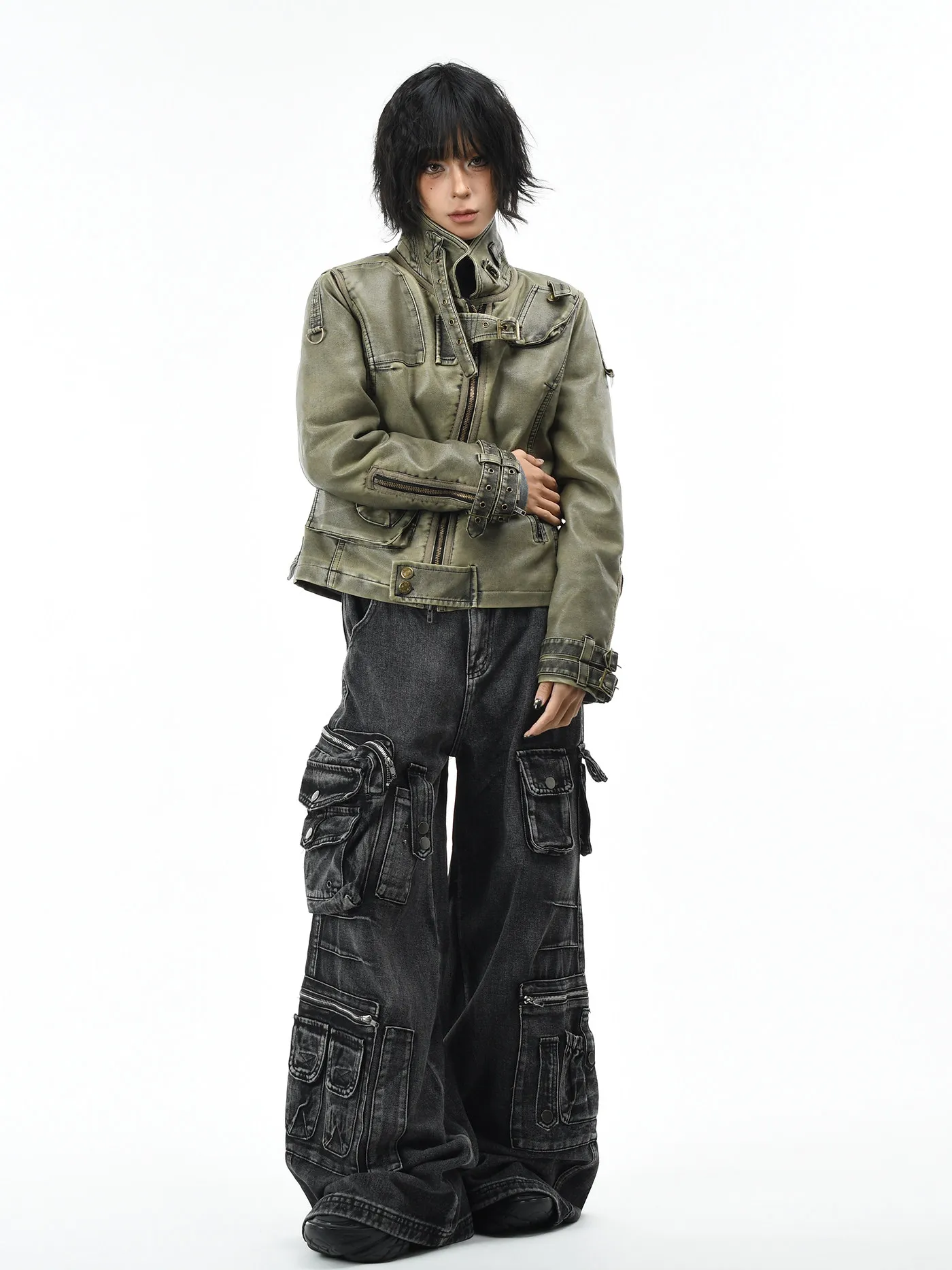 Outono inverno estilo punk americano gola workwear jaqueta de algodão verde para mulheres rebites cinza jaqueta de couro do plutônio